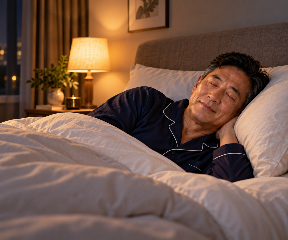 A middle-aged man resting peacefully at night